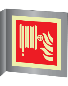 Aluminium haaks bord met fotoluminescerend brandhaspel pictogram volgens ISO7010 - F002