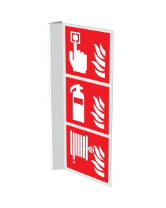 Gecombineerd haaks bord met pictogram van brandhaspel, brandblusser en handmelder met vlam