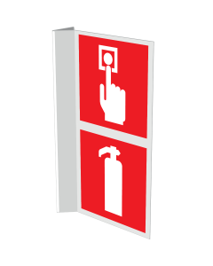 Gecombineerd haaks bord met pictogram van een brandblusser en handbrandmelder