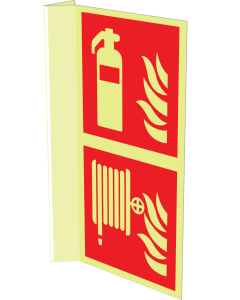 Gecombineerd fotoluminescerend haaks bord met pictogram van een brandblusser en brandslanghaspel volgens ISO 7010