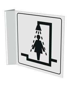 Haaks wit bord met pictogram voor aanduiding ruimte met douche voor dames