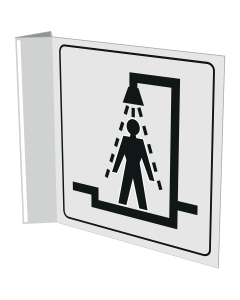 Haaks wit bord met pictogram voor aanduiden ruimte met douche voor heren
