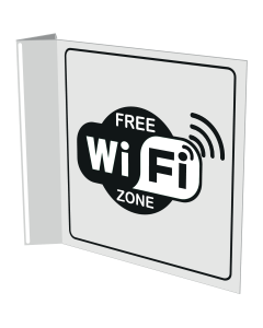 Haaks wit bord met pictogram voor aanduiden ruimte met gratis wifi signaal