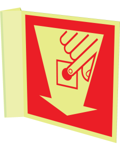 Fotoluminescerend haaks bord met pictogram van een handbrandmelder met pijl