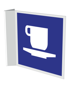 Haaks blauw bord voor aanduiding koffie corner