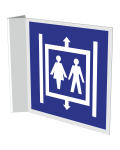Haaks blauw bordje met pictogramm voor het aanduiden van een personenlift