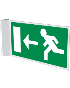 Dubbelzijdig haaks bord met pictogram nooduitgang links / rechts naar muur toe