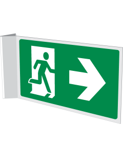 Dubbelzijdig haaks bord met pictogram nooduitgang links / rechts van muur af