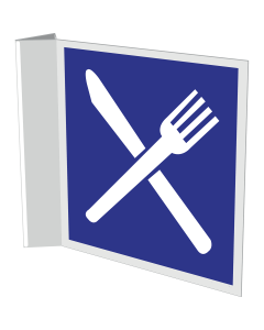Blauw haaks bord met pictogram eetgelegenheid bv restaurant