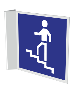 Haaks blauw bordje met pictogram voor aanduiding trap omhoog