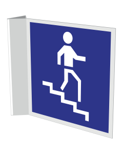 Blauw haaks bord met pictogram voor aanduiden trap omlaag