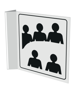 Haaks wit bord met pictogram voor aanduiden vergaderruimte