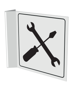 Haaks wit bord met pictogram voor het aanduiden van een werkplaats