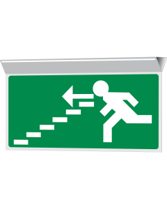 Dubbelzijdig hangend haaks bord met nooduitgang trap naar beneden