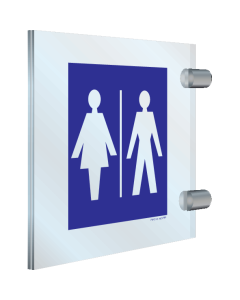 Blauw dubbelzijdig plexiglas haaks bord met pictogram voor het aanduiden van een ruimte voor dames en heren