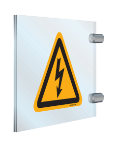 Dubbelzijdig haaks plexiglas bord met pictogram "Waarschuwing Elektrische Spanning" - ISO 7010 - W012