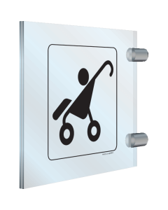 Dubbelzijdig plexiglas haaks bord met pictogram voor aanduiding van een stalling voor kinderwagens