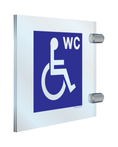 Blauw dubbelzijdig haaks plexiglas bord voor het aanduiden van een toilet voor mindervaliden