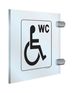 Dubbelzijdig haaks plexiglas bord voor aanduiden van een toilet voor mindervaliden