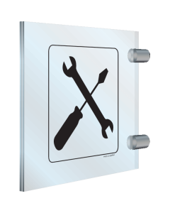 Dubbelzijdig plexiglas haaks bord met pictogram voor het aanduiden van een werkplaats