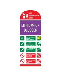 Identificatie sticker met instructie voor het gebruik van een lithium-ion brandblusser