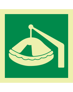 Fotoluminescerende sticker met IMO pictogram van een david-launched reddingsvlot