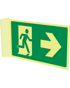 Fotoluminescerend haaks bord met pictogram nooduitgang van muur af ISO 7010