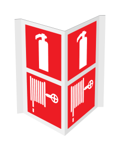 Gecombineerd panorama bord met pictogram van een brandblusser en brandslanghaspel