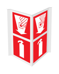 Gecombineerd panorama bord met brandblusser en handbrandmelder met pijl