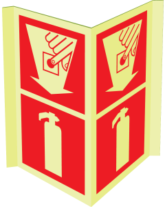 Gecombineerd fotoluminescerend panorama bord met pictogram van een brandblusser en handbrandmelder met pijl