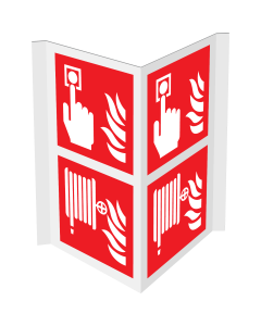 Gecombineerd panorama bord met pictogram van een brandhaspel en handmelder met vlam