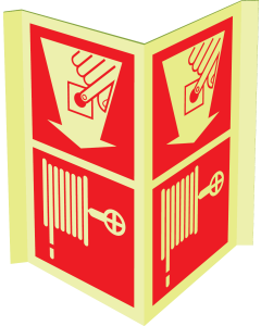 Gecombineerd fotoluminscerend panorama bord met pictogram van een brandslanghaspel en handbrandmelder