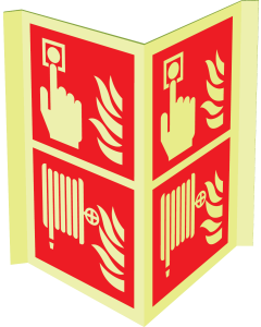 Gecombineerd fotoluminescerend panorama bord met pictogram van een brandslanghaspel en handbrandmelder volgens ISO 7010
