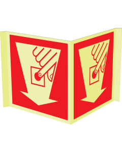 Fotoluminescerend panorama bord met pictogram van een handbrandmelder met pijl