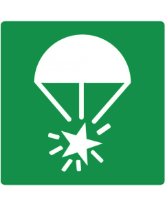 Bord met pictogram noodsignaal parachute ISO 7010