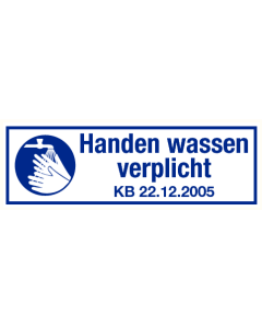 Sticker met pictogram en tekst om aan te duiden dat handen wassen verplicht is volgens KB 22.12.2005