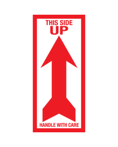 Sticker met pictogram en tekst This side up rood