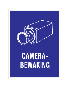 Blauwe spiegelbeeld sticker met pictogram en tekst camerabewaking