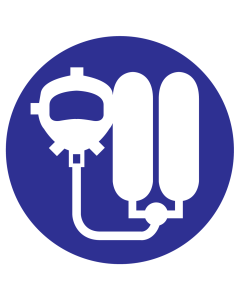 Blauwe sticker met pictogram om aan te duiden dat ademhalingsapparatuur verplicht is
