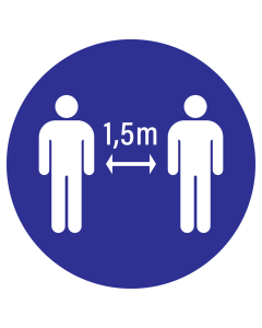 Blauwe sticker met pictogram om aan te duiden dat men 1,5mtr afstand tot anderen moet houden