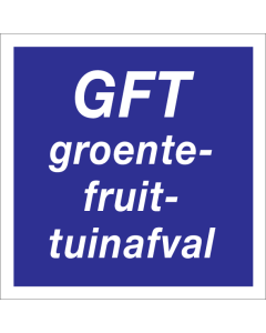 Blauwe sticker met tekst voor afvalscheiding van GFT