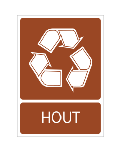 Bruine sticker met pictogram voor het recyclen en afvalscheiden van hout
