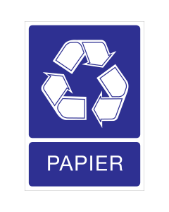 Blauwe sticker met pictogram voor het recyclen en afvalscheiden van papier