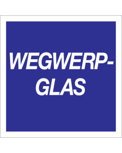 Blauwe sticker met tekst voor afvalscheiding van wegwerp glas