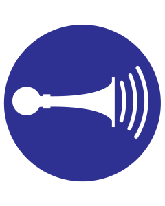 Blauwe sticker met pictogram om aan te duiden dat het verplicht is om een akoestisch geluidssignaal te geven - ISO7010 - M029