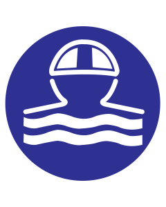 Blauwe sticker met pictogram om aan te duiden dat het dragen van een badmuts verplicht is