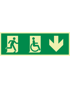 Fotoluminescerende sticker met pictogram nooduitgang naar beneden beperkte mobiliteit ISO 7010