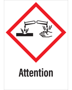 Sticker met pictogram "Bijtende Stoffen" en signaalwoord "Attention" - GHS 05
