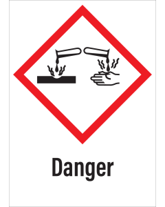 Sticker met pictogram "Bijtende Stoffen" en signaalwoord "Danger" - GHS 05