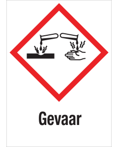Sticker met pictogram "Bijtende Stoffen" en signaalwoord "Gevaar" - GHS 05